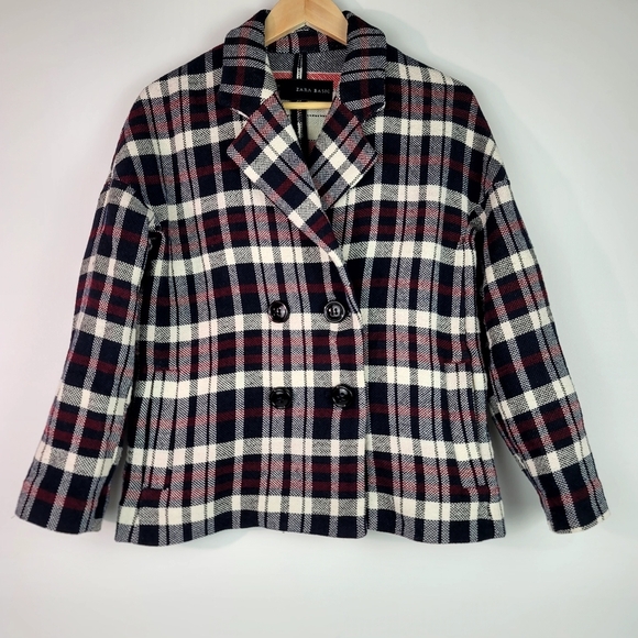 Zara double breasted plaid Cotton blend Blazer size Small - Picture 1 of 13